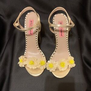 Betsey Johnson Gold Heels with Yellow Floral Accents